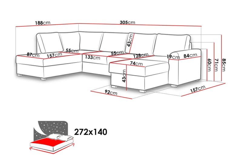 Wilma 6-sits Divan Höger Bäddsoffa 305 cm - Grå - Möbler - Soffa - Bäddsoffa