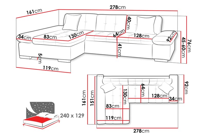 Djerra Soffa med Divan 3-sits - Rosa/Beige - Möbler - Soffa - Divansoffor & schäslongsoffa