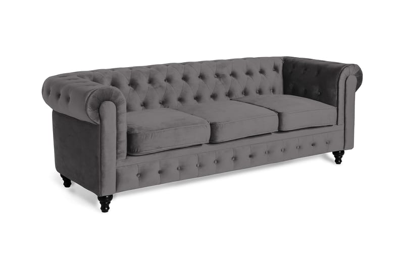 Chesterfield Lyx 3 sits Sammetssoffa 222 cm bred - Mörkgrå / Grå - Möbler - Soffa - Sammetssoffa