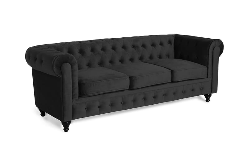 Chesterfield Lyx 3-sits Svart Sammetssoffa 222 cm bred - Svart - Möbler - Soffa - Sammetssoffa