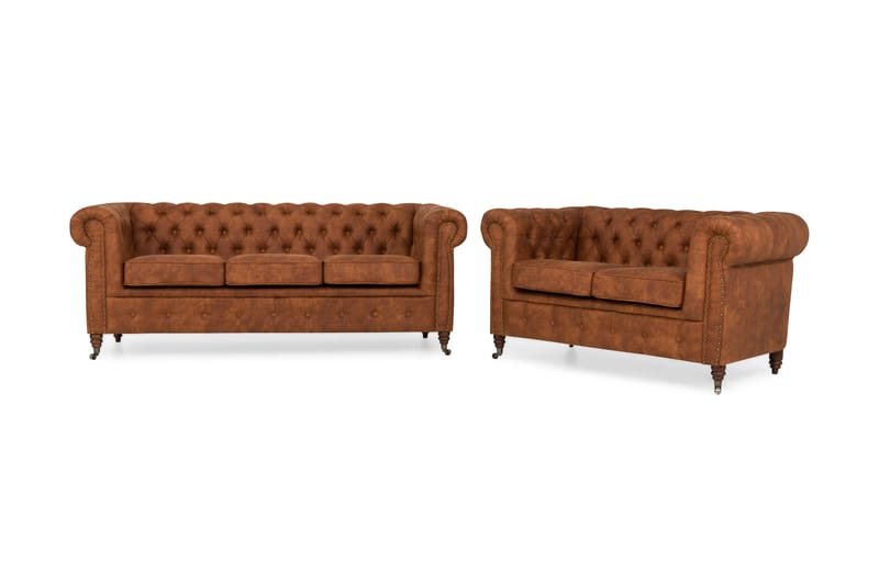 Chesterfield Deluxe Soffgrupp 3+2 Läder utseende - Cognac / Brun - Möbler - Soffa - Soffgrupp - Chesterfield soffgrupp