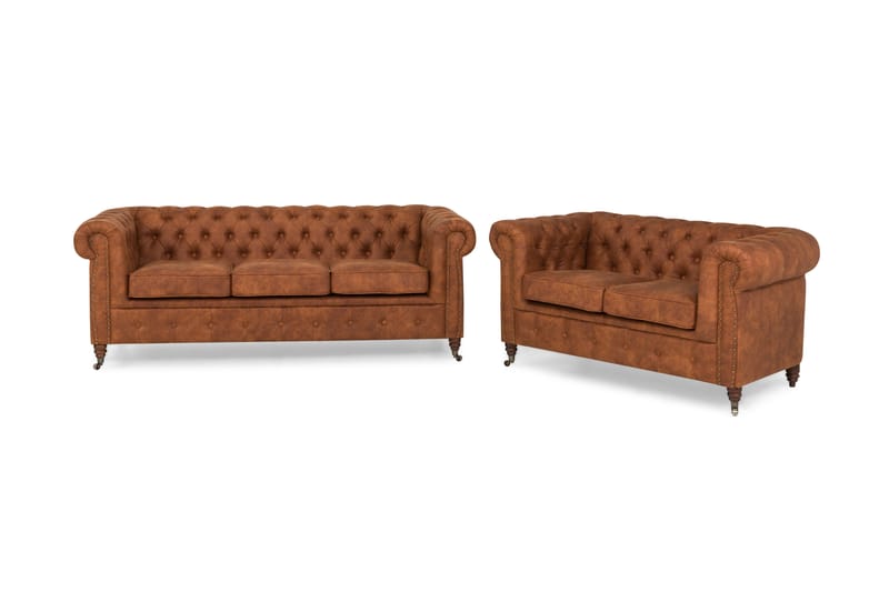 Chesterfield Deluxe Soffgrupp 3+2 Läder utseende - Cognac / Brun - Möbler - Soffa - Soffgrupp - Chesterfield soffgrupp