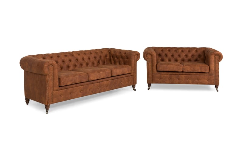 Chesterfield Deluxe Soffgrupp 3+2 Läder utseende - Cognac / Brun - Möbler - Soffa - Soffgrupp - Chesterfield soffgrupp