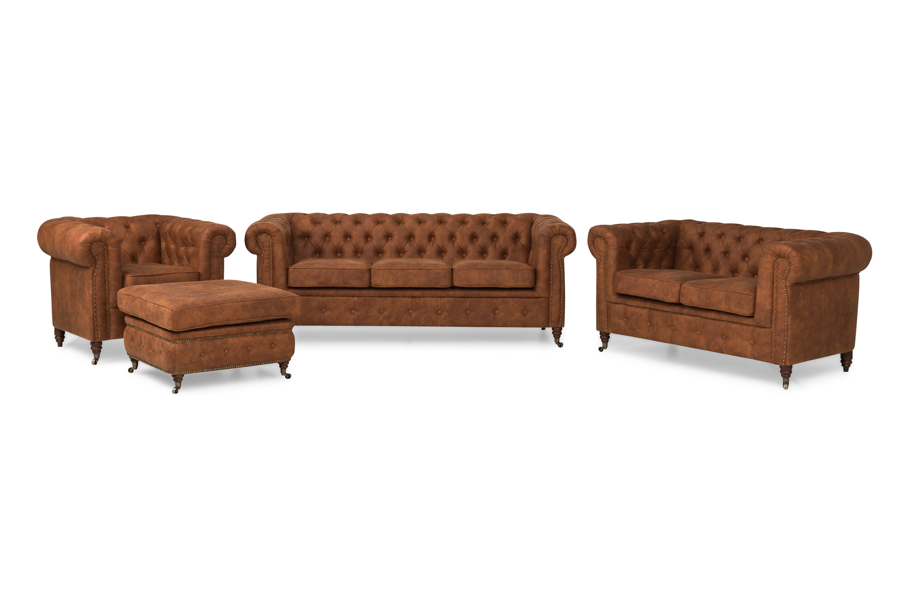 Chesterfield Deluxe Soffgrupp 3+2+1 med Fotpall Läder utseende - Cognac / Brun Howard soffgrupp