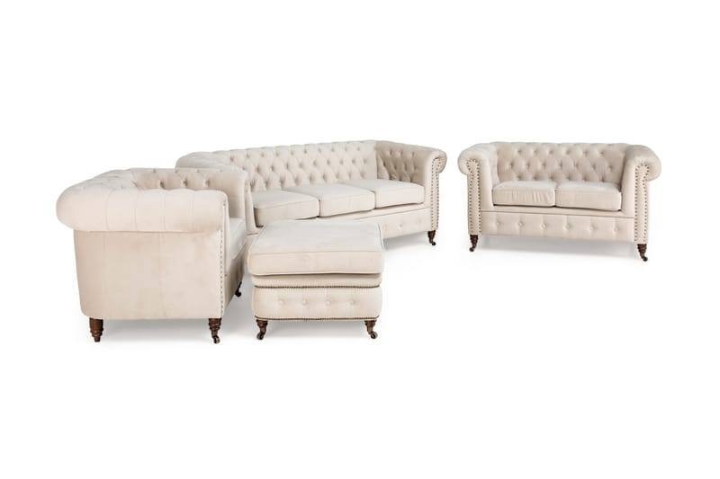 Chesterfield Deluxe Soffgrupp 3+2+1 med Fotpall Sammet - Beige - Möbler - Soffa - Soffgrupp - Howard soffgrupp