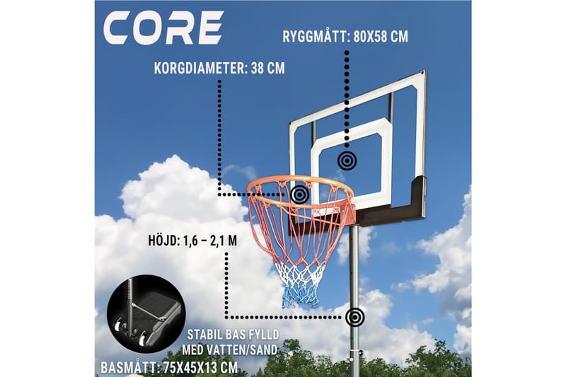 Core Basketkorg för barn 1,6-2,1 m - Svart/Orange - Utomhusspel