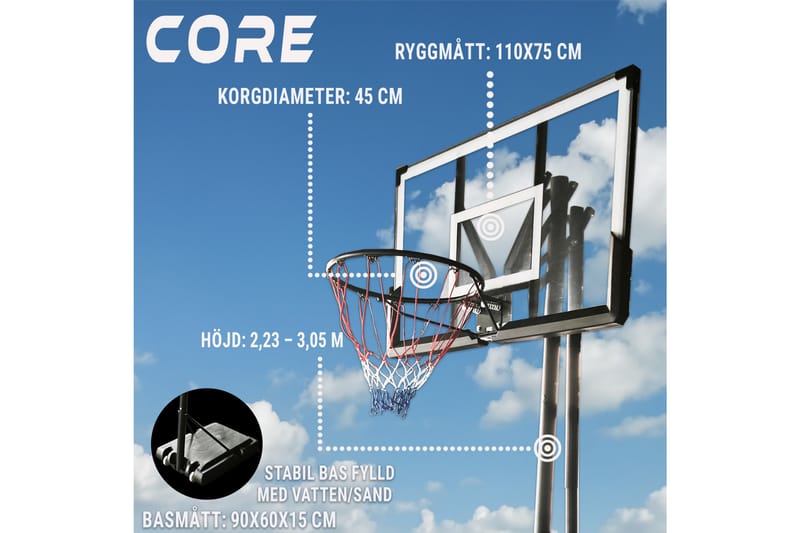 Core Basketkorg Premium 2,3-3,05 m - Svart - Utomhusspel