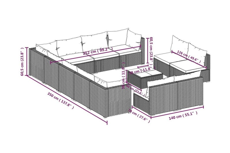 Loungegrupp för trädgården m. dynor 13 delar svart konstrott - Svart/Vit - Altanmöbler - Soffgrupp utomhus - Loungegrupp & Loungeset