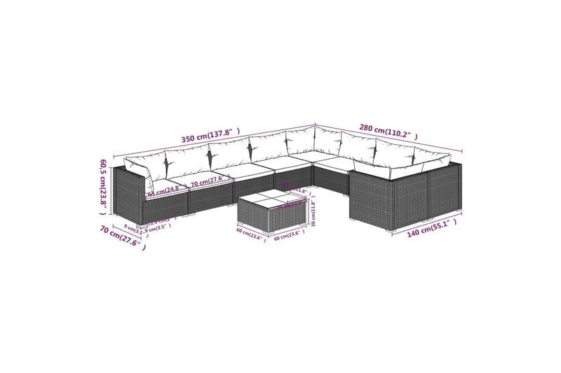 Loungegrupp för trädgården med dynor 10delar konstrotting sv - Svart/Blå - Altanmöbler - Soffgrupp utomhus - Loungegrupp & Loungeset