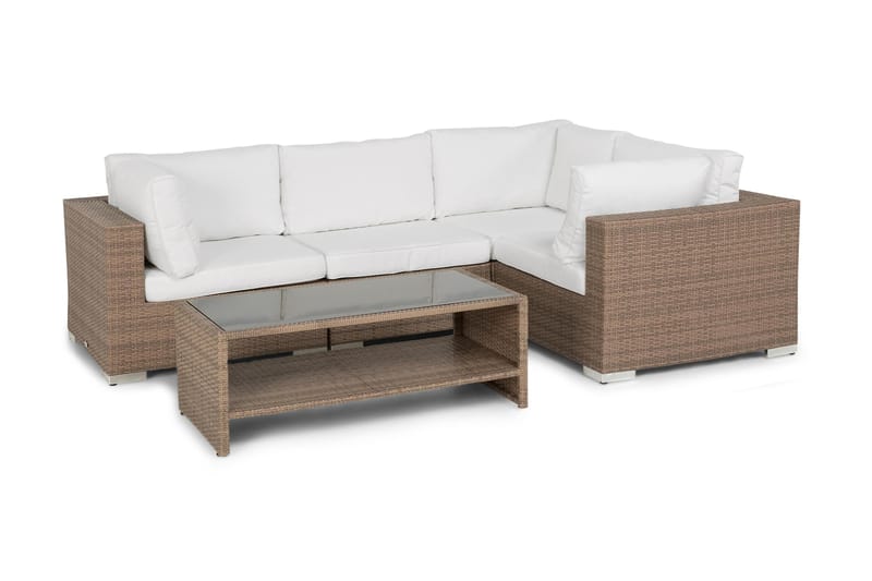 Bahamas Loungegrupp Utomhus - 4-sits Konstrotting Utemöbler L-format Loungeset för Uteplats och Trädgård - Beige / Vita dynor - Trädgård & spabad - Utemiljö - Altan & terrass - Altanmöbler