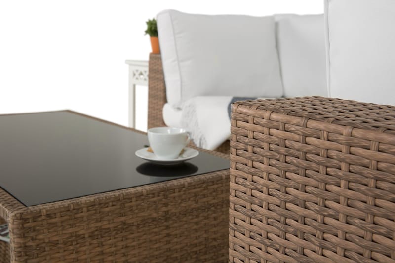 Bahamas Loungegrupp Utomhus - 4-sits Konstrotting Utemöbler L-format Loungeset för Uteplats och Trädgård - Beige / Vita dynor - Trädgård & spabad - Utemiljö - Altan & terrass - Altanmöbler