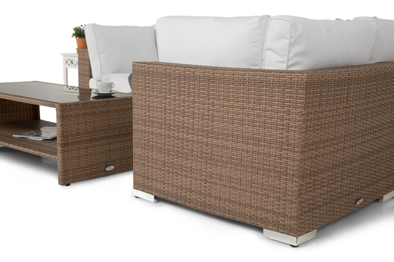 Bahamas Loungegrupp Utomhus - 4-sits Konstrotting Utemöbler L-format Loungeset för Uteplats och Trädgård - Beige / Vita dynor - Trädgård & spabad - Utemiljö - Altan & terrass - Altanmöbler