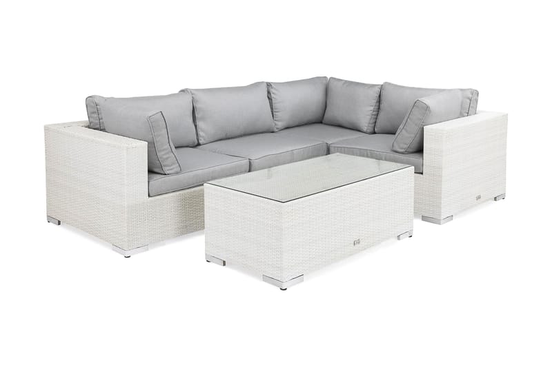 Bahamas Loungegrupp Utomhus - 4-sits Konstrotting Utemöbler Loungeset för Uteplats och Trädgård - Vit / Gråa dynor / Glas - Trädgård & spabad - Utemiljö - Altan & terrass - Altanmöbler