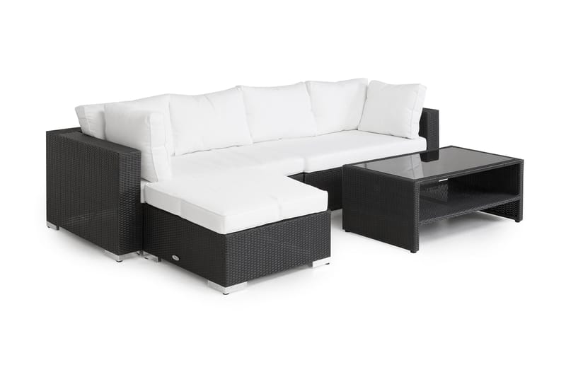 Bahamas Loungegrupp Utomhus - 5-sits Konstrotting Utemöbler L-format Loungeset för Uteplats - Svart / VIta dynor / Glas - Trädgård & spabad - Utemiljö - Altan & terrass - Altanmöbler