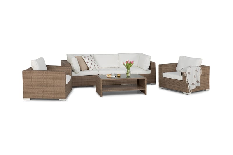 Bahamas Loungegrupp Utomhus - 5-sits Konstrotting Utemöbler Loungeset för Uteplats - Beige / Vita dynor - Trädgård & spabad - Utemiljö - Altan & terrass - Altanmöbler