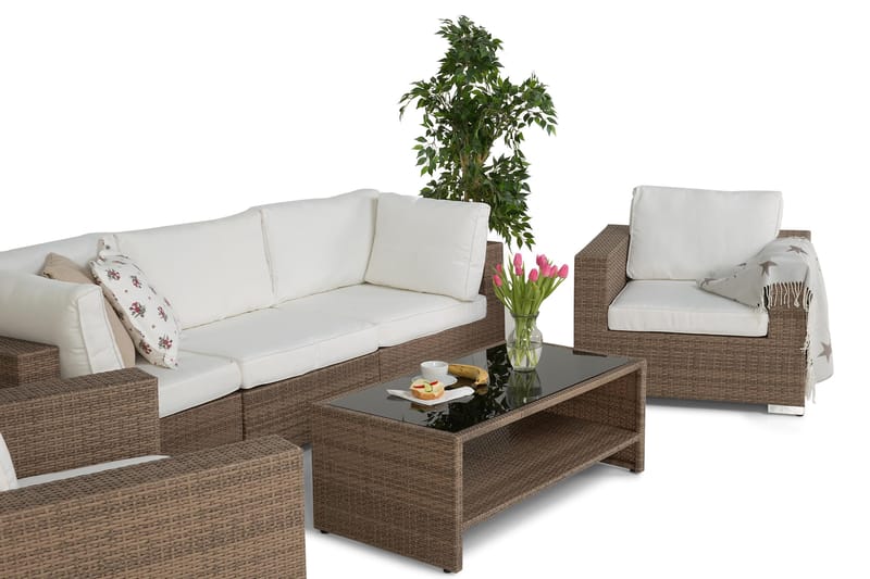 Bahamas Loungegrupp Utomhus - 5-sits Konstrotting Utemöbler Loungeset för Uteplats - Beige / Vita dynor - Trädgård & spabad - Utemiljö - Altan & terrass - Altanmöbler