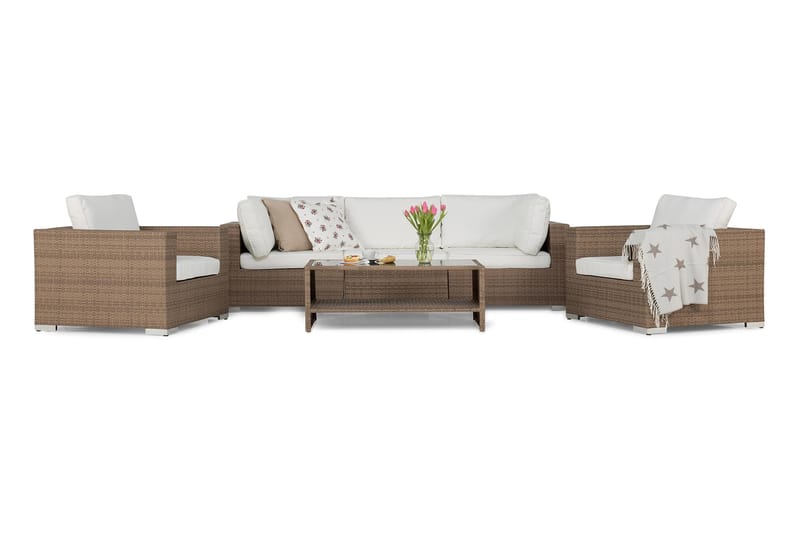 Bahamas Loungegrupp Utomhus - 5-sits Konstrotting Utemöbler Loungeset för Uteplats - Beige / Vita dynor - Trädgård & spabad - Utemiljö - Altan & terrass - Altanmöbler