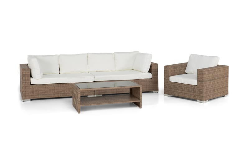 Bahamas Loungegrupp Utomhus - 5-sits Konstrotting Utemöbler Loungeset för Uteplats och Altan - Beige / Vita dynor - Trädgård & spabad - Utemiljö - Altan & terrass - Altanmöbler