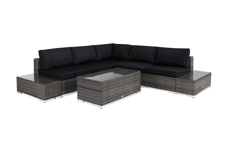 Bahamas Loungegrupp Utomhus - 5-sits Konstrotting Utemöbler Loungeset för Uteplats och Trädgård - Grå / Svarta dynor / Glas - Trädgård & spabad - Utemiljö - Altan & terrass - Altanmöbler