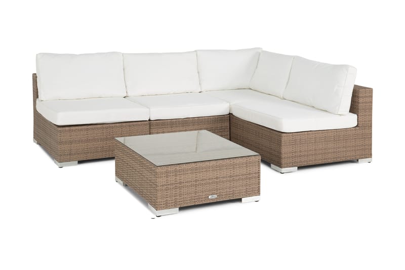 Bahamas Loungegrupp utomhus - Soffgrupp för trädgård med 5-sits - Loungeset i konstrotting utemöbler - Beige / Sand / Vita dynor - Trädgård & spabad - Utemiljö - Altan & terrass - Altanmöbler