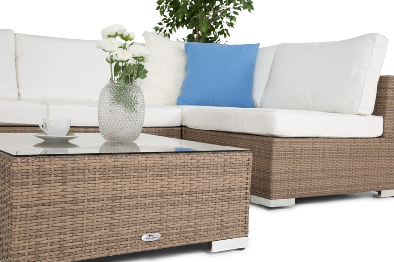 Bahamas Loungegrupp utomhus - Soffgrupp för trädgård med 5-sits - Loungeset i konstrotting utemöbler - Beige / Sand / Vita dynor - Trädgård & spabad - Utemiljö - Altan & terrass - Altanmöbler