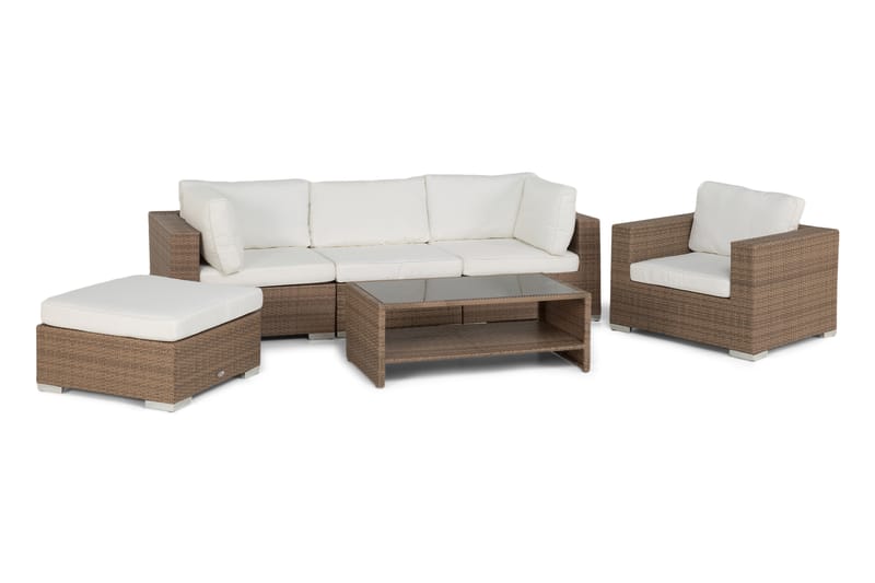 Bahamas Loungegrupp utomhus - Soffgrupp till trädgård & altan 5-sits - Loungeset konstrotting utemöbler - Beige / Vita dynor - Trädgård & spabad - Utemiljö - Altan & terrass - Altanmöbler