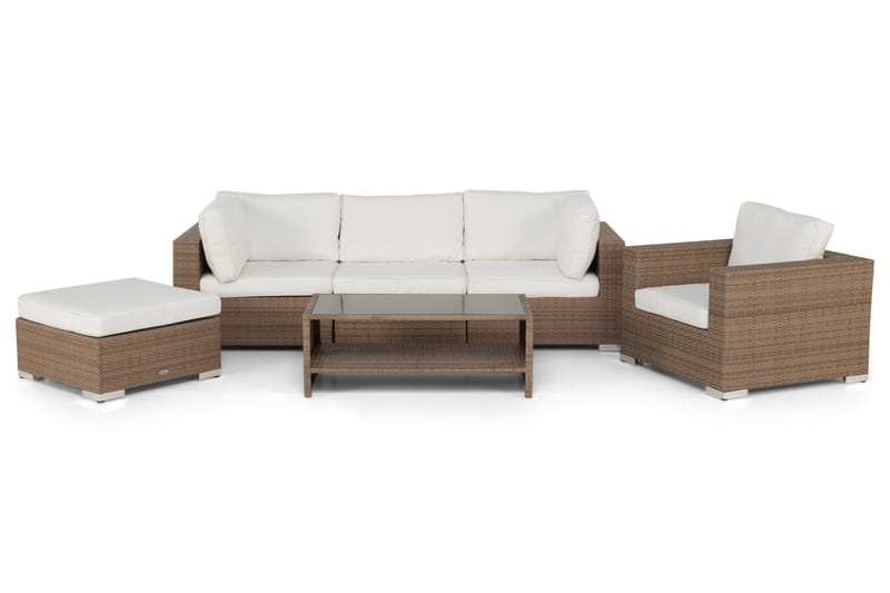 Bahamas Loungegrupp utomhus - Soffgrupp till trädgård & altan 5-sits - Loungeset konstrotting utemöbler - Beige / Vita dynor - Trädgård & spabad - Utemiljö - Altan & terrass - Altanmöbler