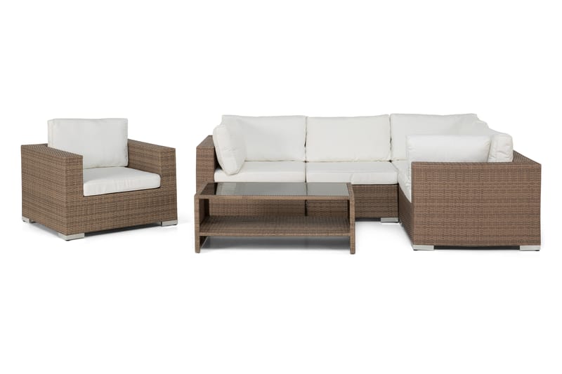 Bahamas Loungegrupp utomhus - Soffgrupp till trädgård 5-sits - Loungeset konstrotting utemöbler - Beige / Vita dynor - Trädgård & spabad - Utemiljö - Altan & terrass - Altanmöbler