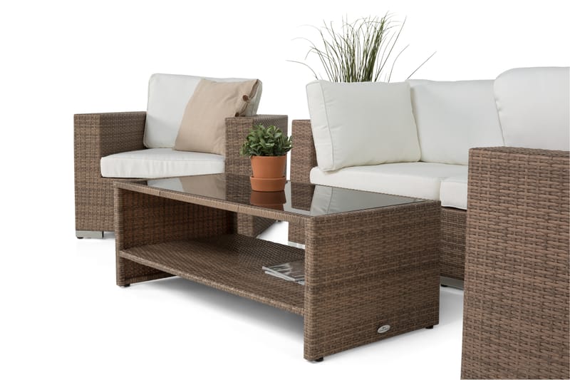 Bahamas Loungegrupp utomhus - Soffgrupp till trädgård 5-sits - Loungeset konstrotting utemöbler - Beige / Vita dynor - Trädgård & spabad - Utemiljö - Altan & terrass - Altanmöbler