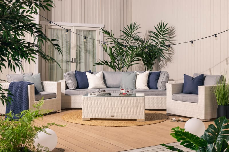 Bahamas Loungegrupp utomhus - Soffgrupp till trädgård 5-sits - Loungeset konstrotting utemöbler - Vit / offwhite / Gråa dynor - Trädgård & spabad - Utemiljö - Altan & terrass - Altanmöbler