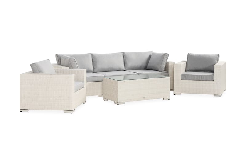 Bahamas Loungegrupp utomhus - Soffgrupp till trädgård 5-sits - Loungeset konstrotting utemöbler - Vit / offwhite / Gråa dynor - Trädgård & spabad - Utemiljö - Altan & terrass - Altanmöbler