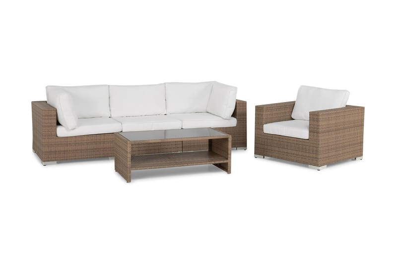 Bahamas Loungegrupp utomhus - Soffgrupp till uteplats 4-sits - Loungeset konstrotting - Beige / Vita dynor - Trädgård & spabad - Utemiljö - Altan & terrass - Altanmöbler