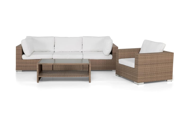 Bahamas Loungegrupp utomhus - Soffgrupp till uteplats 4-sits - Loungeset konstrotting - Beige / Vita dynor - Trädgård & spabad - Utemiljö - Altan & terrass - Altanmöbler