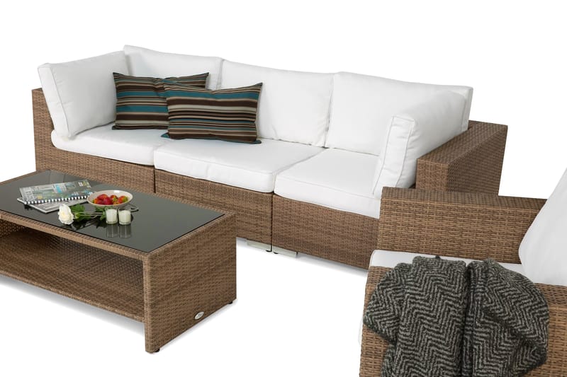 Bahamas Loungegrupp utomhus - Soffgrupp till uteplats 4-sits - Loungeset konstrotting - Beige / Vita dynor - Trädgård & spabad - Utemiljö - Altan & terrass - Altanmöbler