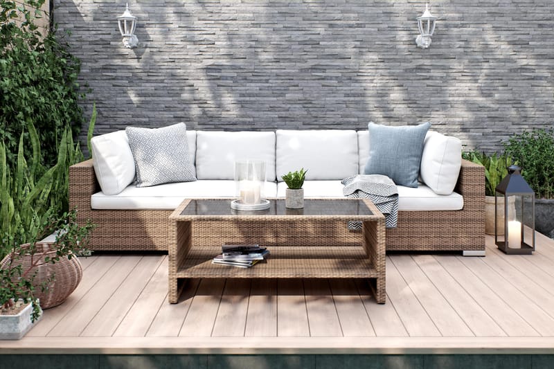 Bahamas Loungegrupp utomhus - Soffgrupp till uteplats 4-sits - Loungeset konstrotting utemöbler - Beige / Vita dynor - Trädgård & spabad - Utemiljö - Altan & terrass - Altanmöbler