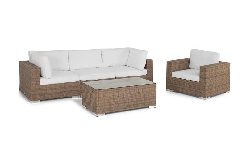 Bahamas Loungegrupp utomhus - Soffgrupp till uteplats 4-sits - Loungeset konstrotting utemöbler - Sand / Brun / Beige / Vita dynor - Trädgård & spabad - Utemiljö - Altan & terrass - Altanmöbler