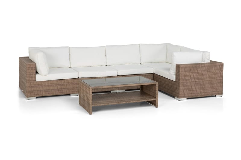 Bahamas Loungegrupp utomhus - Soffgrupp till uteplats 5-sits - Loungeset konstrotting utemöbler - Beige / Sand / Vita dynor - Trädgård & spabad - Utemiljö - Altan & terrass - Altanmöbler