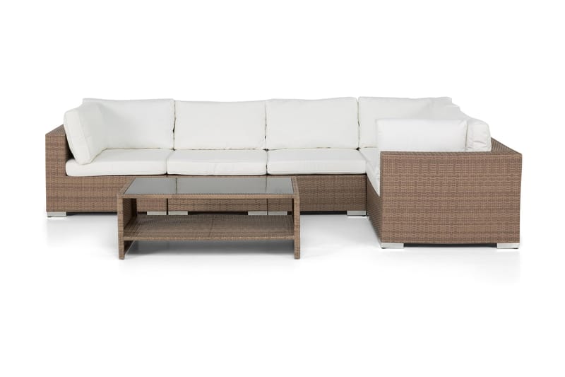 Bahamas Loungegrupp utomhus - Soffgrupp till uteplats 5-sits - Loungeset konstrotting utemöbler - Beige / Sand / Vita dynor - Trädgård & spabad - Utemiljö - Altan & terrass - Altanmöbler