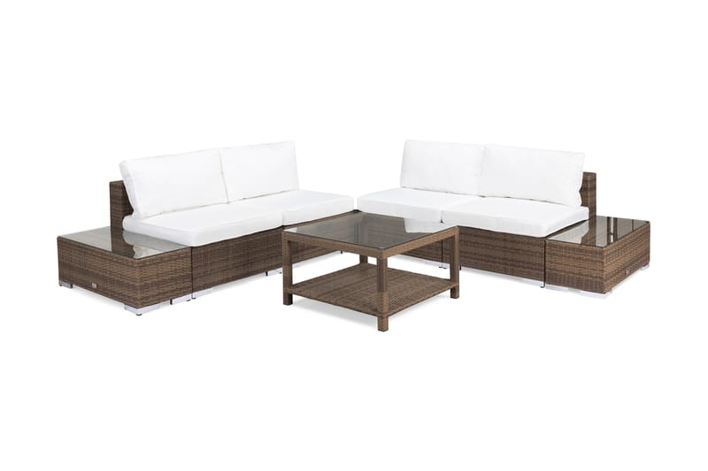 Bahamas Loungegrupp utomhus - Soffgrupp till uteplats 5-sits - Loungeset konstrotting utemöbler - Beige / Vita dynor - Trädgård & spabad - Utemiljö - Altan & terrass - Altanmöbler