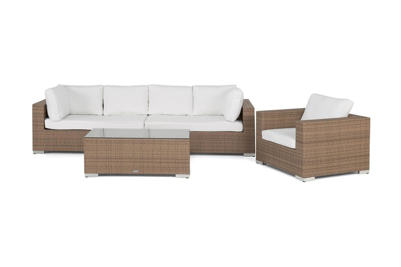 Bahamas Loungegrupp utomhus - Soffgrupp till uteplats 5-sits - Loungeset konstrotting utemöbler - Sand / Beige /Vita dynor - Trädgård & spabad - Utemiljö - Altan & terrass - Altanmöbler