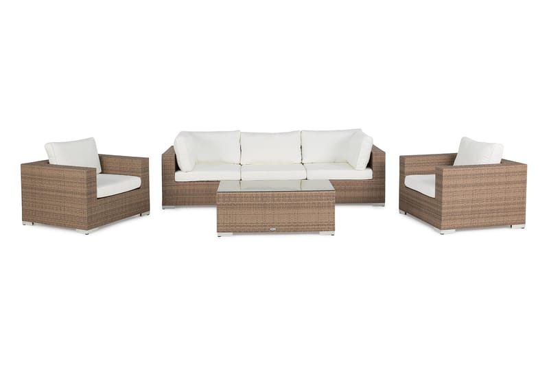 Bahamas Loungegrupp utomhus - Soffgrupp till uteplats trädgård 5-sits - Loungeset konstrotting utemöbler - Beige / Vita dynor - Trädgård & spabad - Utemiljö - Altan & terrass - Altanmöbler