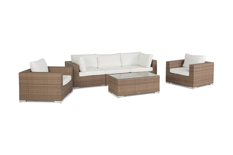 Bahamas Loungegrupp utomhus - Soffgrupp till uteplats trädgård 5-sits - Loungeset konstrotting utemöbler - Beige / Vita dynor - Trädgård & spabad - Utemiljö - Altan & terrass - Altanmöbler