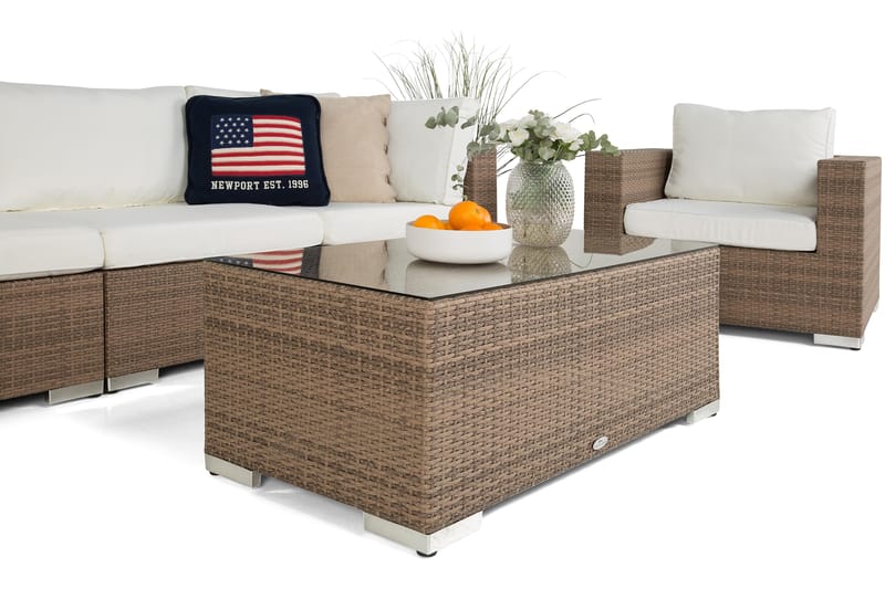 Bahamas Loungegrupp utomhus - Soffgrupp till uteplats trädgård 5-sits - Loungeset konstrotting utemöbler - Beige / Vita dynor - Trädgård & spabad - Utemiljö - Altan & terrass - Altanmöbler