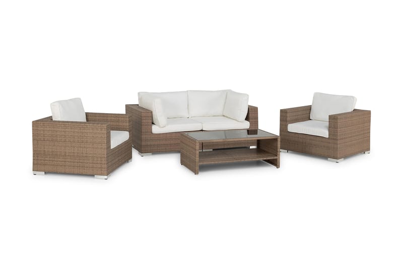 Bahamas Loungegrupp utomhus - Soffgrupp till uteplatsen 4-sits - Loungeset konstrotting utemöbler - Sand / Brun / Beige / Vita dynor - Trädgård & spabad - Utemiljö - Altan & terrass - Altanmöbler