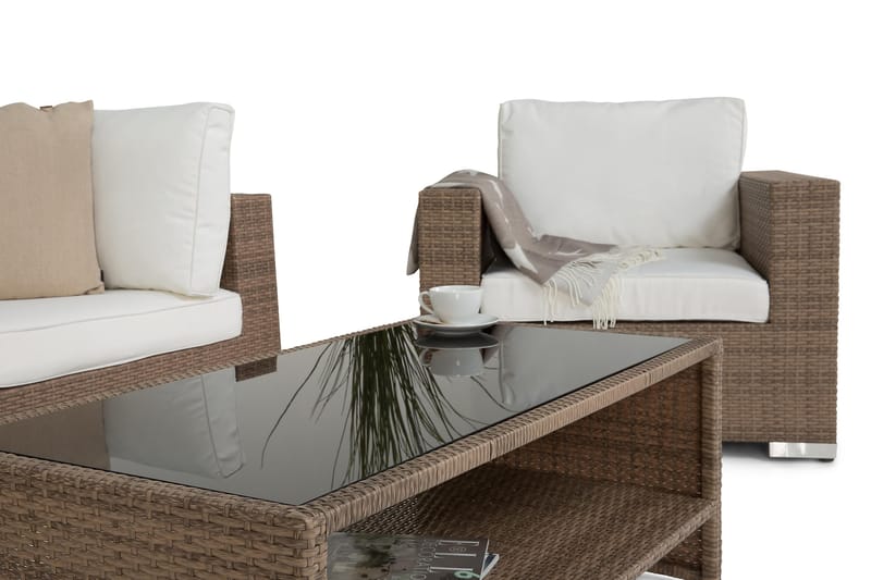 Bahamas Loungegrupp utomhus - Soffgrupp till uteplatsen 4-sits - Loungeset konstrotting utemöbler - Sand / Brun / Beige / Vita dynor - Trädgård & spabad - Utemiljö - Altan & terrass - Altanmöbler