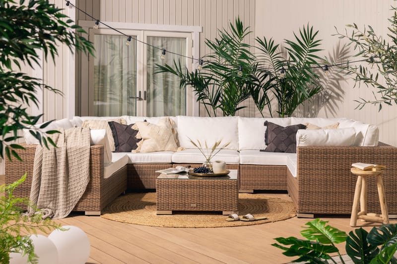 Bahamas Stor Loungegrupp Utomhus - 10-sits Loungeset i Konstrotting för Uteplats och Trädgård - Beige / Vita dynor - Trädgård & spabad - Utemiljö - Altan & terrass - Altanmöbler