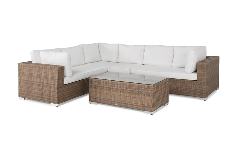 Bahamas Stor Loungegrupp Utomhus - 6-sits Konstrotting Utemöbler L-format Loungeset för Uteplats och Trädgård - Beige / Vita dynor / Glas - Trädgård & spabad - Utemiljö - Altan & terrass - Altanmöbler