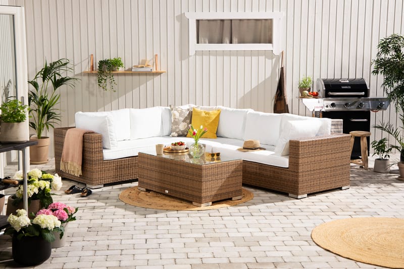 Bahamas Stor Loungegrupp Utomhus - 6-sits Konstrotting Utemöbler L-format Loungeset för Uteplats och Trädgård - Beige / Vita dynor / Glas - Trädgård & spabad - Utemiljö - Altan & terrass - Altanmöbler