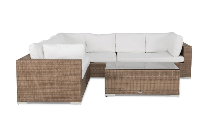 Bahamas Stor Loungegrupp Utomhus - 6-sits Konstrotting Utemöbler L-format Loungeset för Uteplats och Trädgård - Beige / Vita dynor / Glas - Trädgård & spabad - Utemiljö - Altan & terrass - Altanmöbler