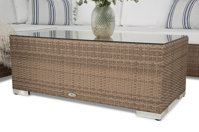 Bahamas Stor Loungegrupp Utomhus - 6-sits Konstrotting Utemöbler L-format Loungeset för Uteplats och Trädgård - Beige / Vita dynor / Glas - Trädgård & spabad - Utemiljö - Altan & terrass - Altanmöbler